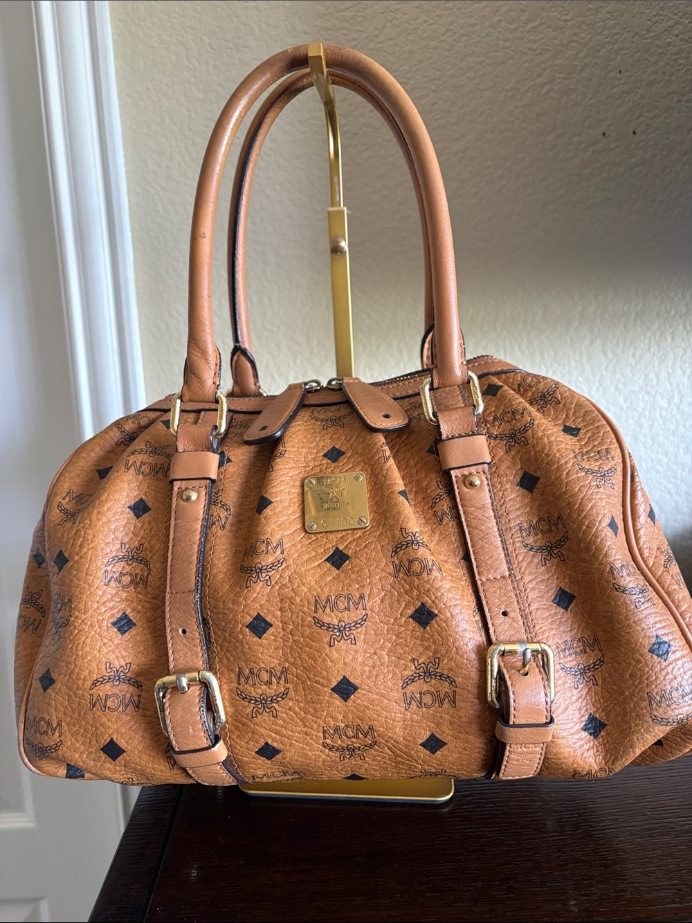 MCM Tan Cognac Logo Visetos Satchel with Gold Hardware